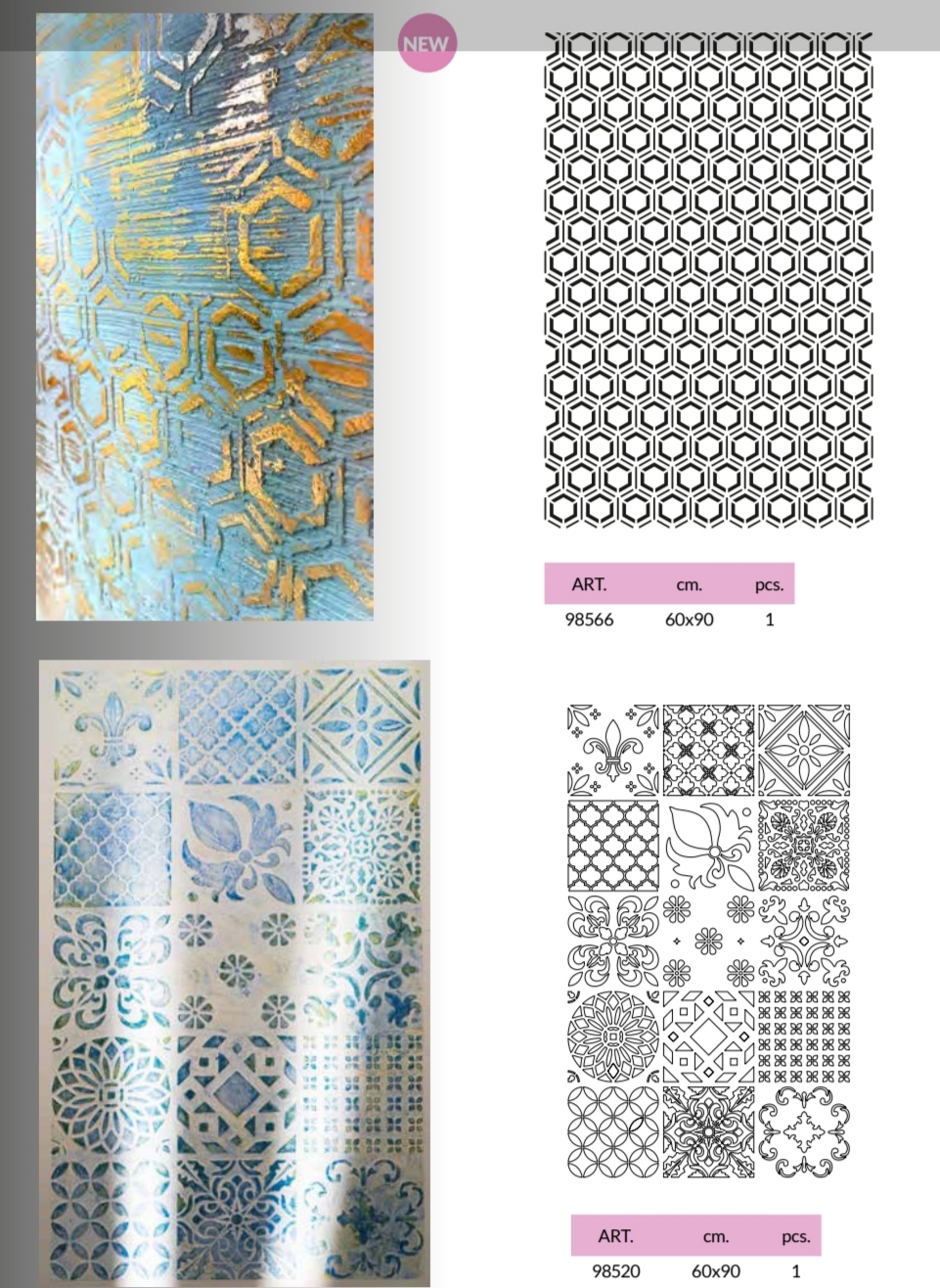 Pack de 2 stencils: panal hexagonal y mosaico de azulejos, 60x90 cm