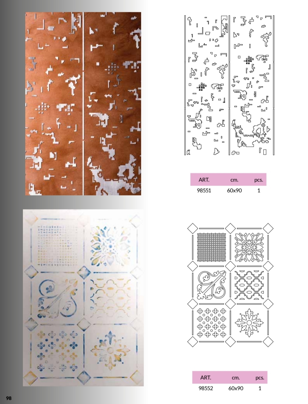 Pack de 2 stencils: efecto desgastado y ornamentos, 60x90 cm